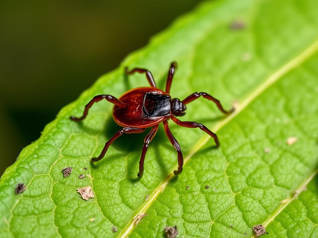 Kleszcz pospolity (Ixodes ricinus) na liściu w lesie we Włoszech