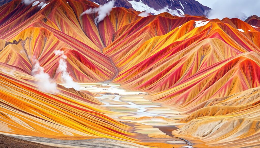 Kolorowe ryolitowe góry w regionie Landmannalaugar z charakterystycznymi czerwonymi, żółtymi i zielonymi odcieniami skał wulkanicznych