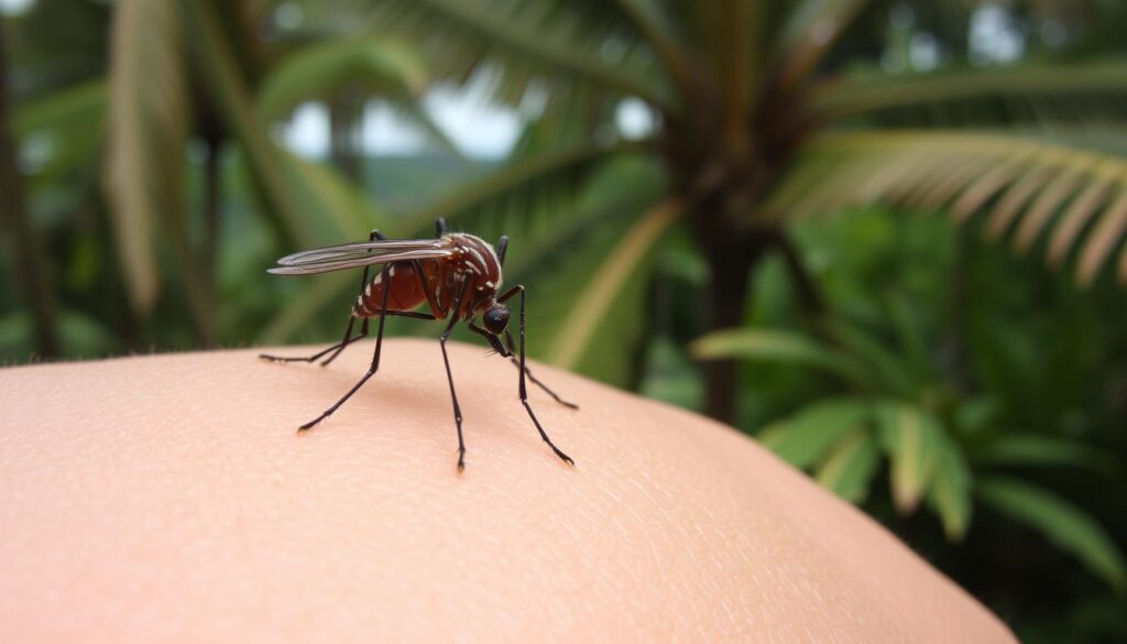 Komar na ludzkiej skórze z tropikalną roślinnością w tle, symbolizujący zagrożenie chorobami przenoszonymi przez komary na Seszelach