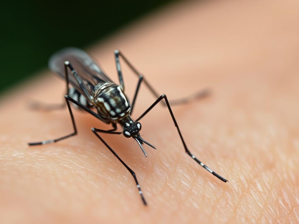 Komar tygrysim (Aedes albopictus) na ludzkiej skórze