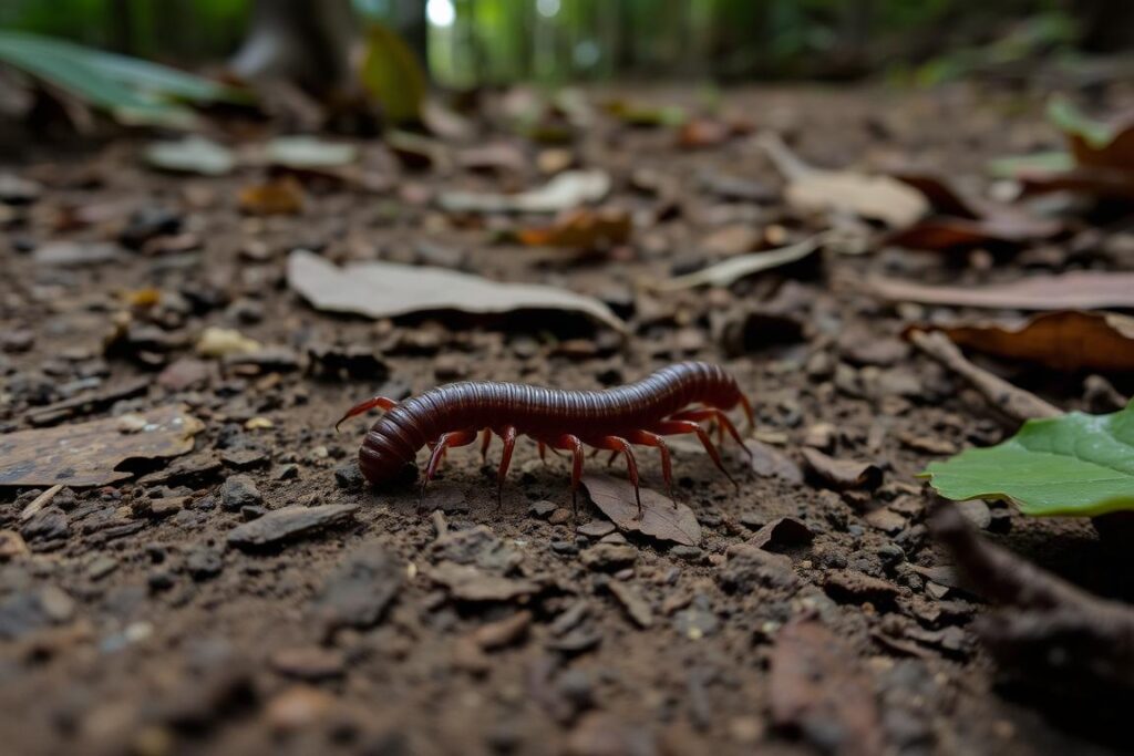 Krocionóg na ścieżce w lesie deszczowym na Seszelach