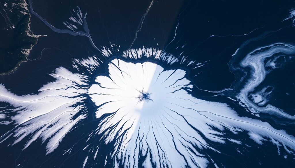 Lodowiec Mýrdalsjökull pokrywający wulkan Katla, widoczne czarne pola popiołu wulkanicznego kontrastujące z białym lodem