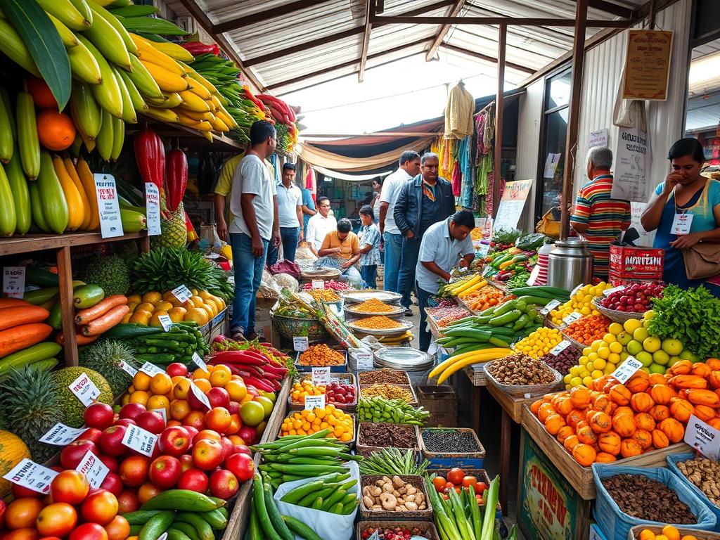 Lokalny targ z owocami i warzywami na Sri Lance, pokazujący typowe ceny żywności dla mieszkańców