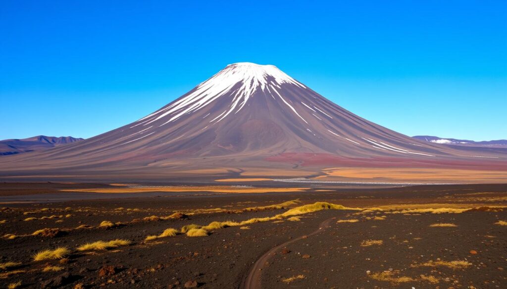 Majestatyczny wulkan Hekla w Islandii z charakterystycznym stożkiem pokrytym śniegiem, widoczny na tle błękitnego nieba