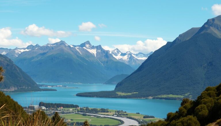 Malowniczy krajobraz Nowej Zelandii z górami i zieloną roślinnością, przedstawiający naturalne środowisko bez niebezpiecznych zwierząt