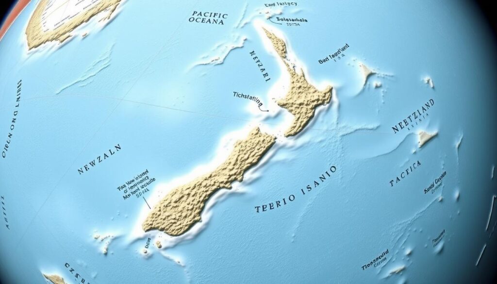 Mapa pokazująca izolację geograficzną Nowej Zelandii, kluczowy czynnik wpływający na brak niebezpiecznych zwierząt