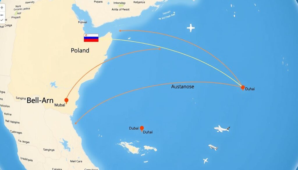 Mapa pokazująca popularne trasy lotnicze z Polski do Australii z zaznaczonymi przesiadkami w Dubaju, Doha i Singapurze