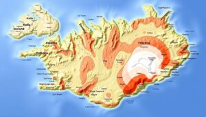 Mapa wulkanów Islandii z zaznaczonymi strefami aktywności wulkanicznej i głównymi atrakcjami turystycznymi związanymi z wulkanami