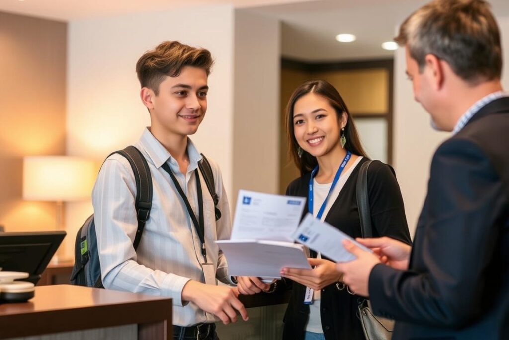 Niepełnoletnia osoba z dokumentami podczas zameldowania w hotelu