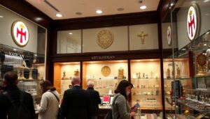 Oficjalny sklep z pamiątkami w Watykanie z różańcami i dewocjonaliami na wystawie