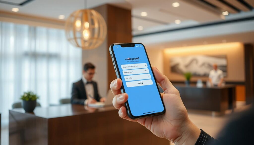 Osoba korzystająca z aplikacji mObywatel podczas zameldowania w hotelu bez dowodu