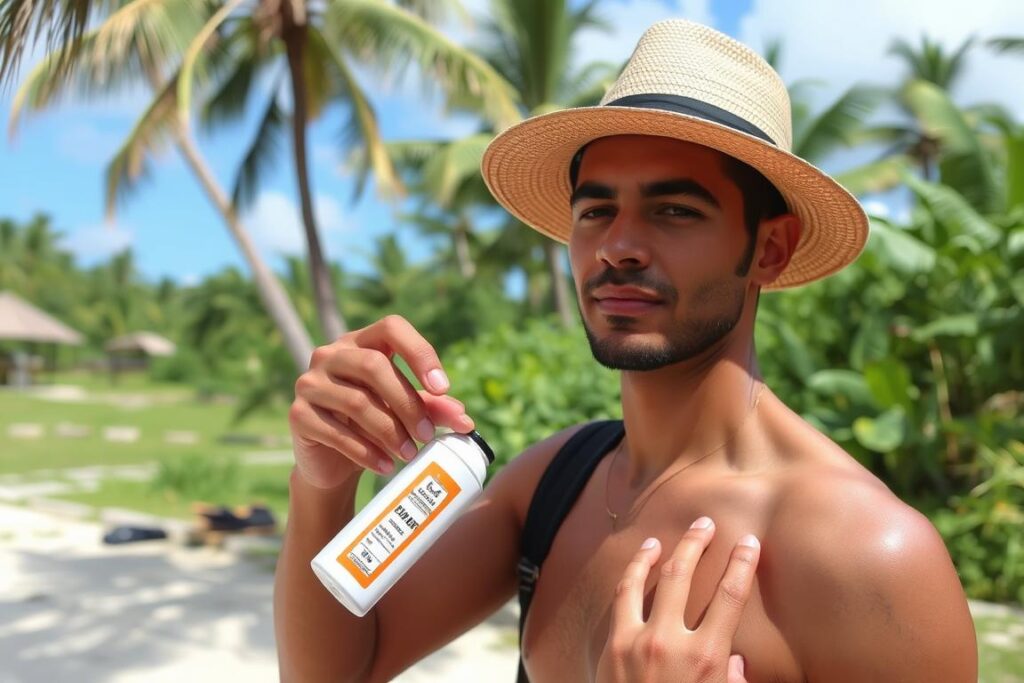 Osoba stosująca repelent przeciw komarom podczas pobytu na Mauritiusie