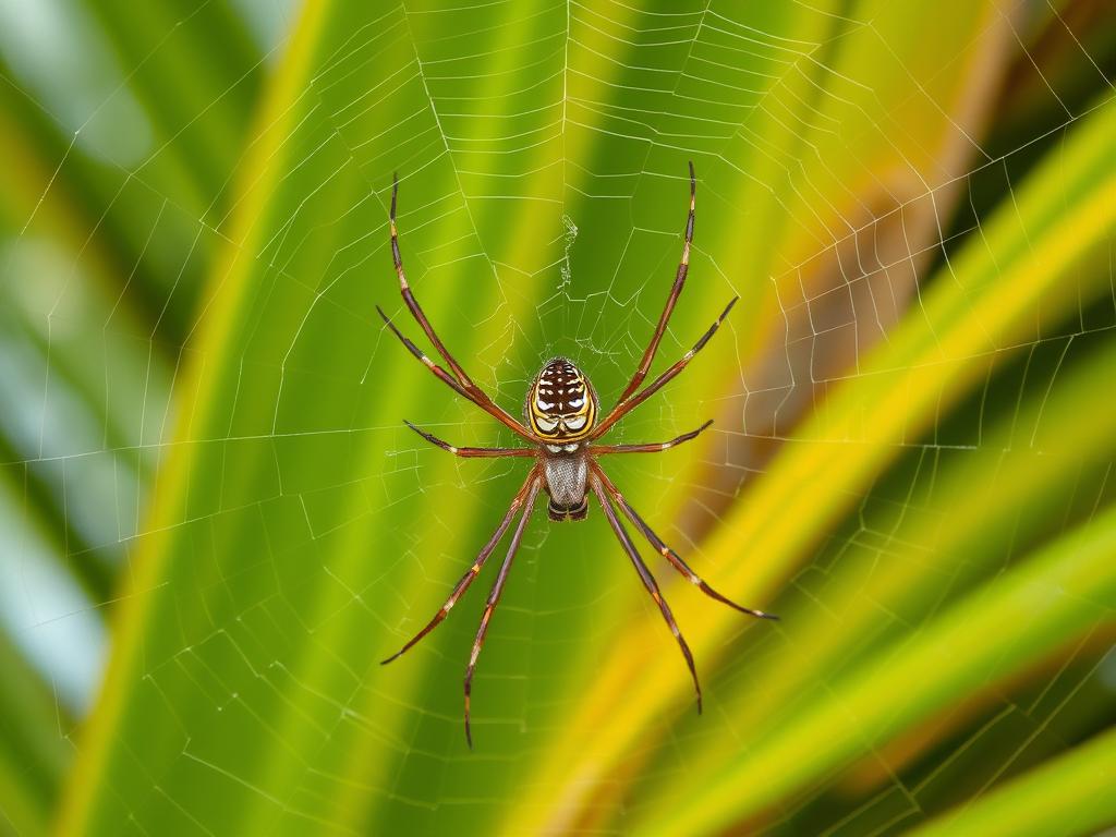 Pająk palmowy na Seszelach rozciągający swoją sieć między liśćmi palmy