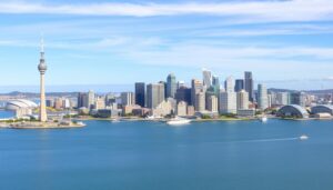 Panorama Auckland - największego miasta Nowej Zelandii z charakterystyczną Sky Tower