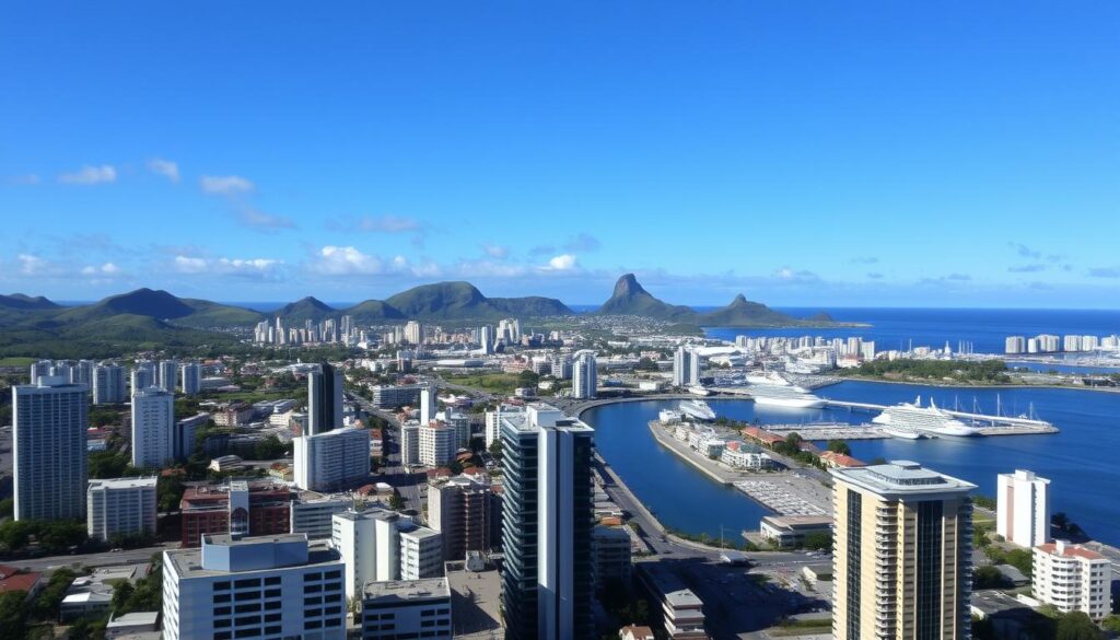 Panorama Port Louis, stolicy Mauritiusa, pokazująca miejską zabudowę i port