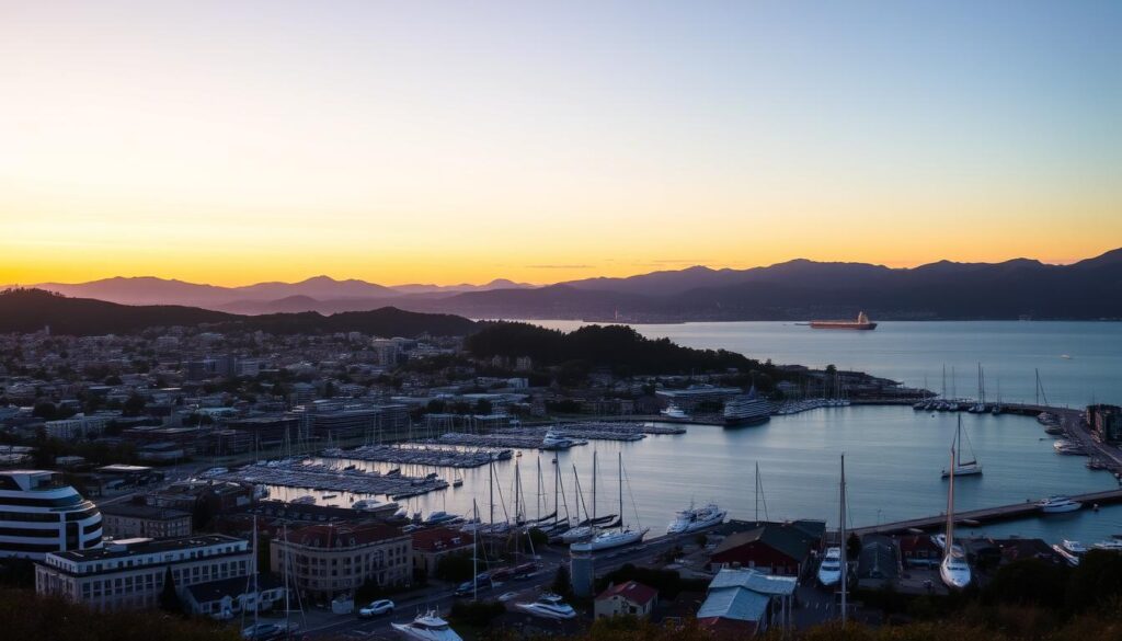 Panorama Wellington o zachodzie słońca - stolica Nowej Zelandii z charakterystycznym portem