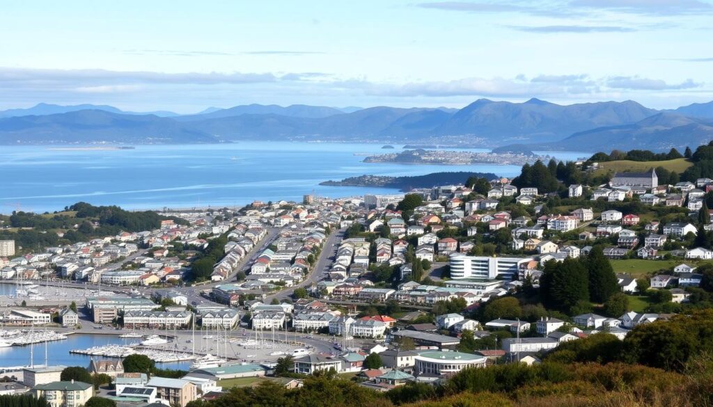 Panorama Wellington - stolicy Nowej Zelandii z charakterystycznym portem i otaczającymi wzgórzami