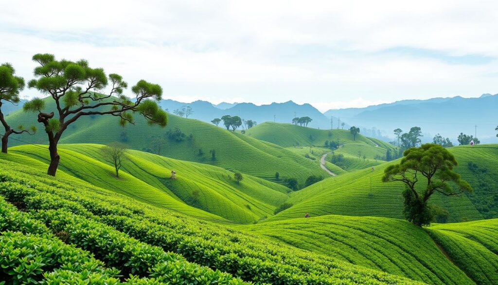 Panorama plantacji herbaty w regionie Nuwara Eliya na Sri Lance, pokazująca piękno i różnorodność krajobrazów wyspy