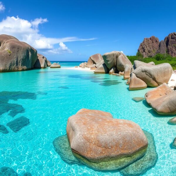 Panorama plaży na Seszelach z widokiem na turkusową wodę, białe plaże i charakterystyczne granitowe skały