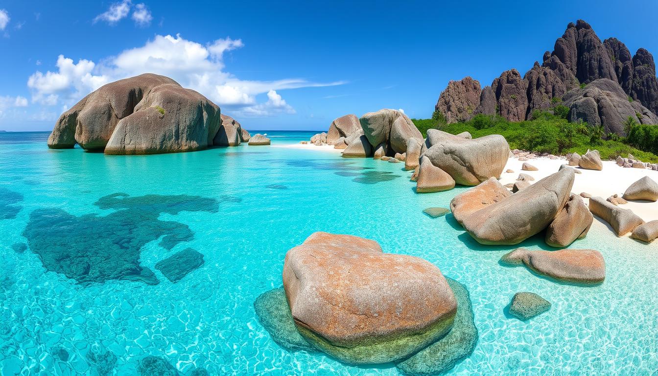 Panorama plaży na Seszelach z widokiem na turkusową wodę, białe plaże i charakterystyczne granitowe skały