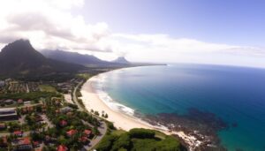 Panorama wybrzeża Mauritiusa z widokiem na plażę i ocean, pokazująca typowe turystyczne otoczenie