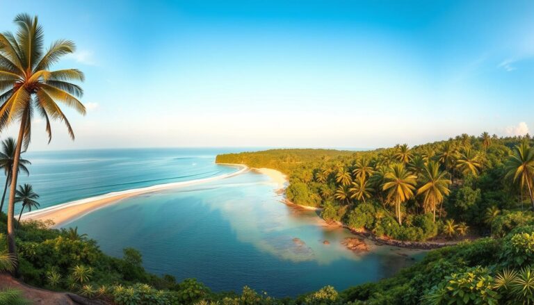 Panorama wybrzeża Sri Lanki z tropikalną plażą i palmami, pokazująca naturalne piękno wyspy oraz potencjalne miejsca występowania niebezpiecznych zwierząt