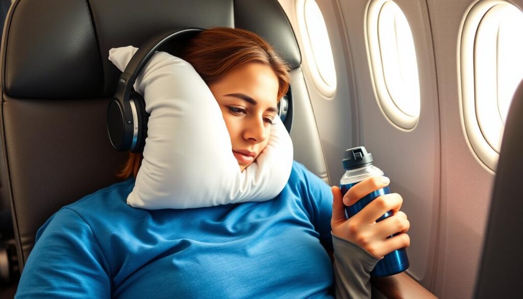 Pasażer przygotowany do długiego lotu do Australii z poduszką podróżną, słuchawkami i innymi akcesoriami zwiększającymi komfort