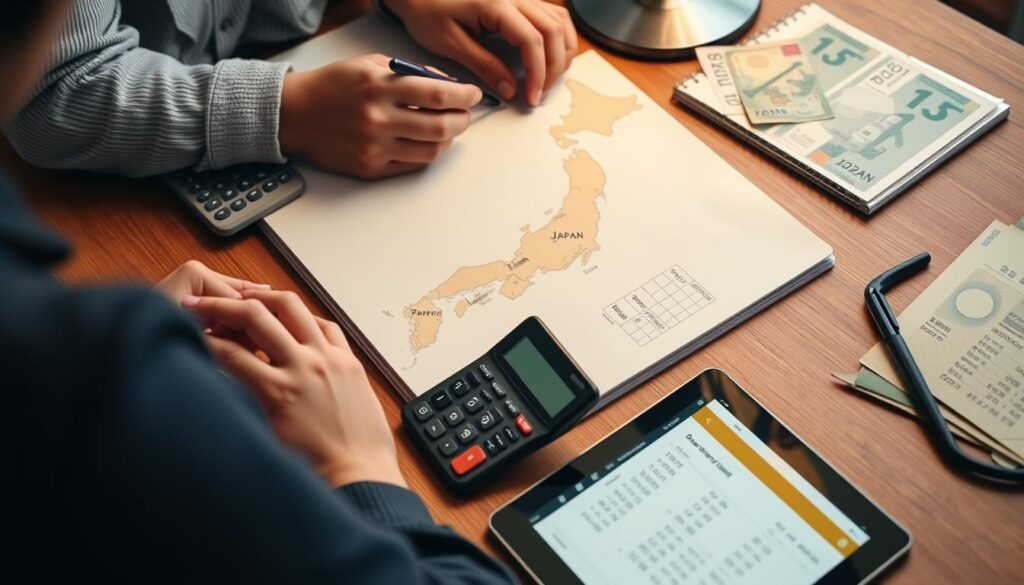 Planowanie budżetu na wyjazd do Japonii - osoba planująca wydatki z mapą Japonii