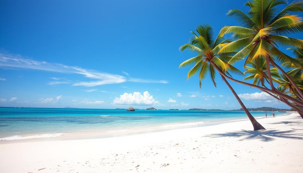 Plaża na Mauritiusie w idealnym sezonie turystycznym, słoneczna pogoda i spokojne morze