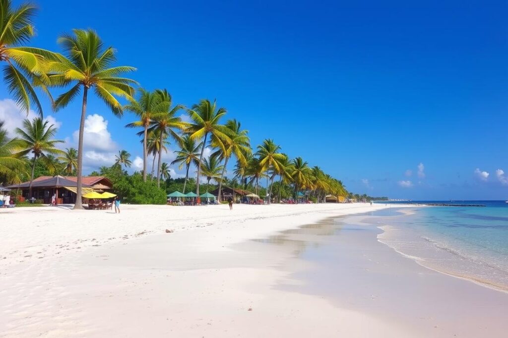 Plaża w Grand Baie na Mauritiusie z palmami i turystycznymi udogodnieniami