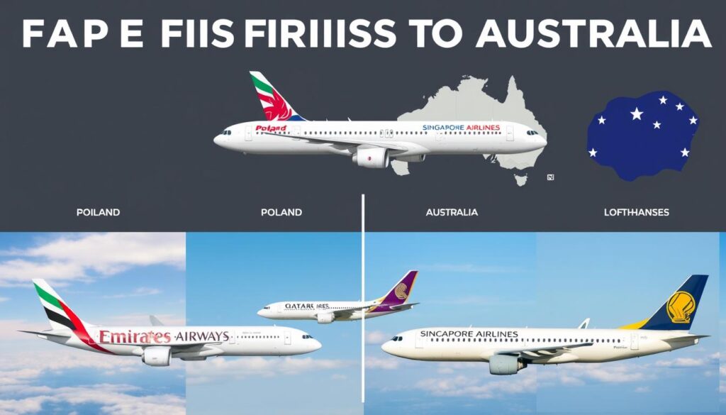 Porównanie różnych linii lotniczych oferujących loty z Polski do Australii, pokazujące ich samoloty i loga