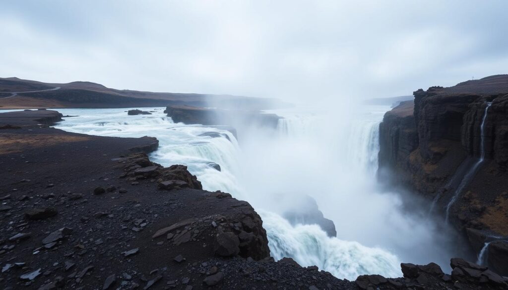 Potężny wodospad Dettifoss z ogromną ilością wody spadającej z bazaltowych klifów, otoczony wulkanicznym krajobrazem