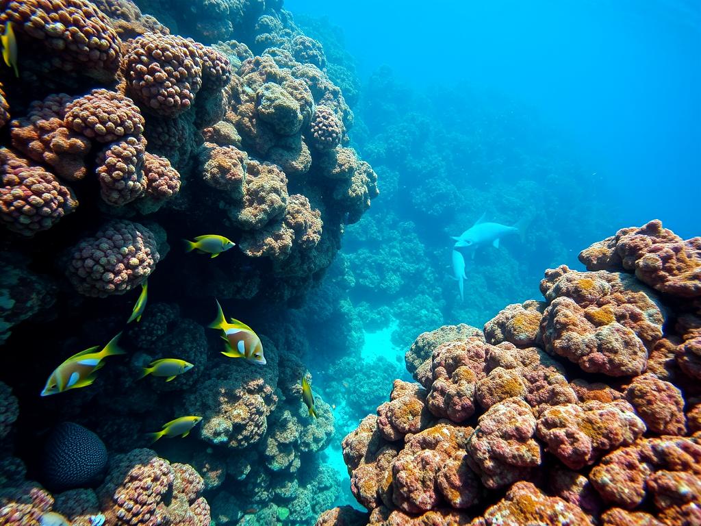 Rafa koralowa na Seszelach z kolorowymi rybami i małym rekinkiem rafowym pływającym w oddali