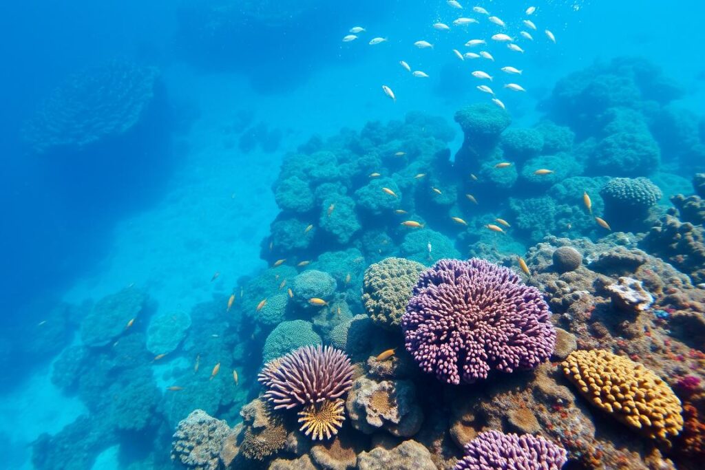 Rafa koralowa otaczająca Mauritius z widocznymi kolorowymi rybami i koralowcami
