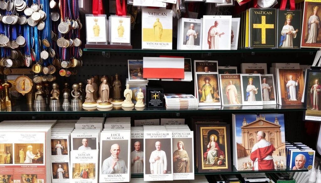 Różnorodne pamiątki z Watykanu - medaliki, figurki świętych i reprodukcje dzieł sztuki