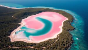 Różowe jezioro Hillier widziane z lotu ptaka, ukazujące jego intensywny różowy kolor kontrastujący z otaczającym oceanem i zielenią