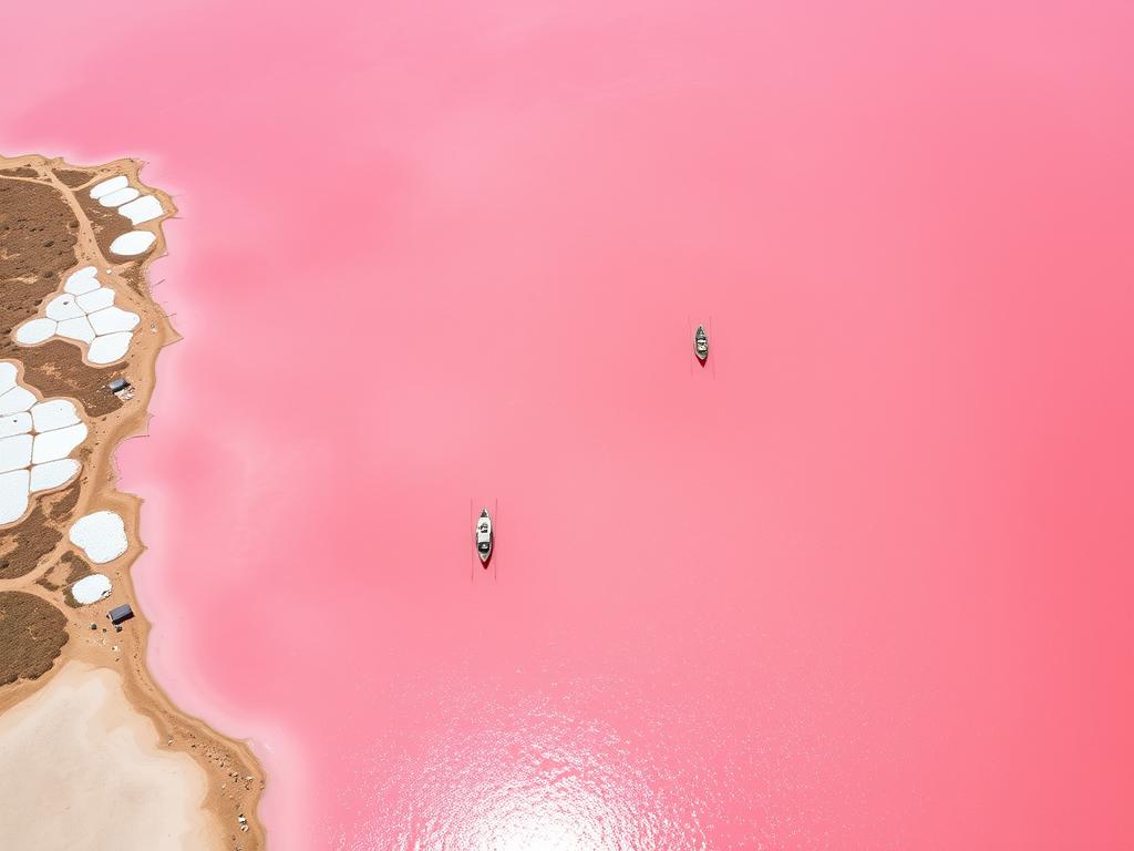 Różowe jezioro Retba w Senegalu z widocznymi łodziami rybackimi