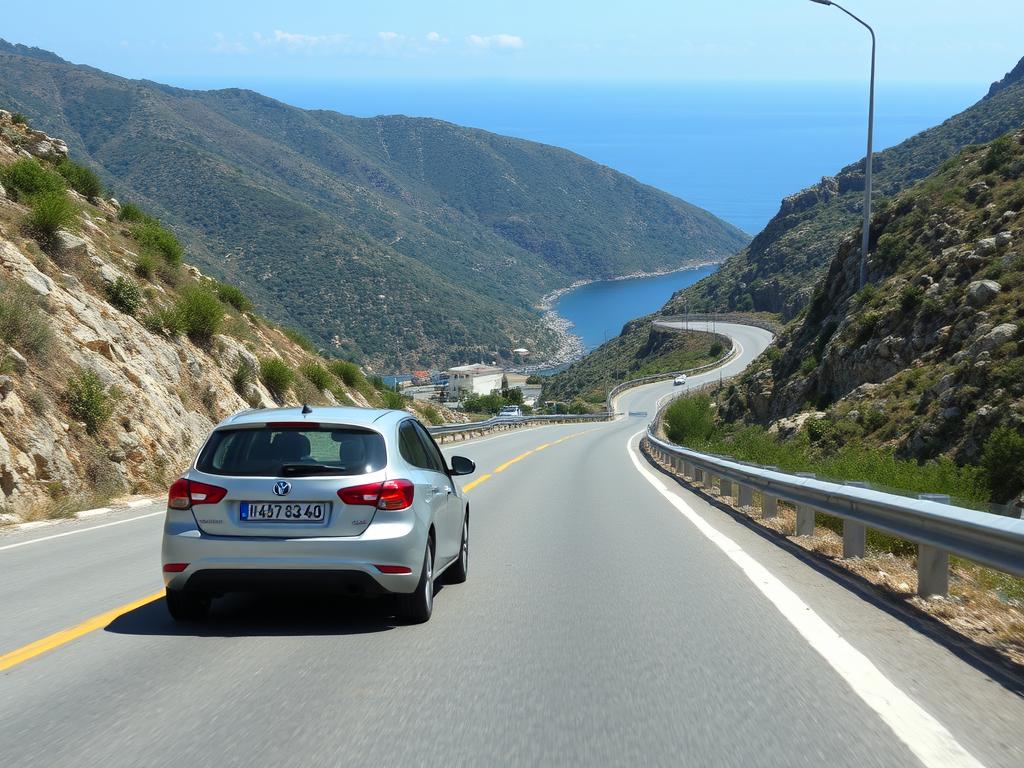 Samochód wynajęty w Albanii na górskiej drodze z widokiem na morze