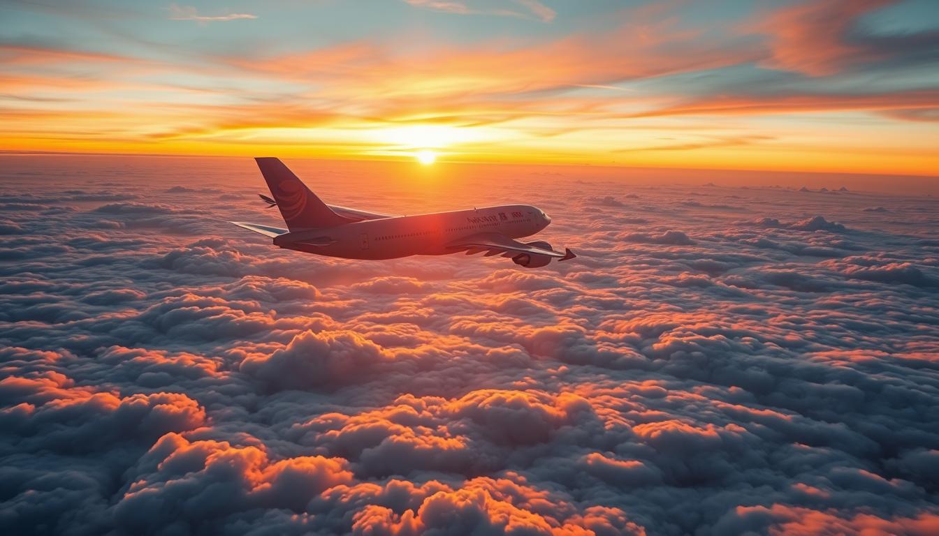 Samolot lecący nad chmurami w kierunku Australii, ilustrujący długi czas lotu z Polski do Australii