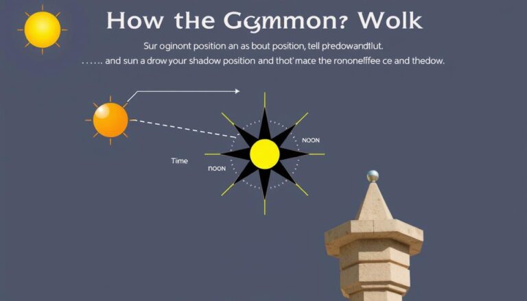 Schemat działania gnomonu pokazujący ruch cienia w ciągu dnia