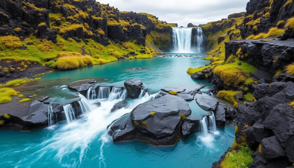 Seria wodospadów Hraunfossar wypływających spod pola lawowego, z charakterystyczną turkusową wodą kontrastującą z czarną lawą i zieloną roślinnością