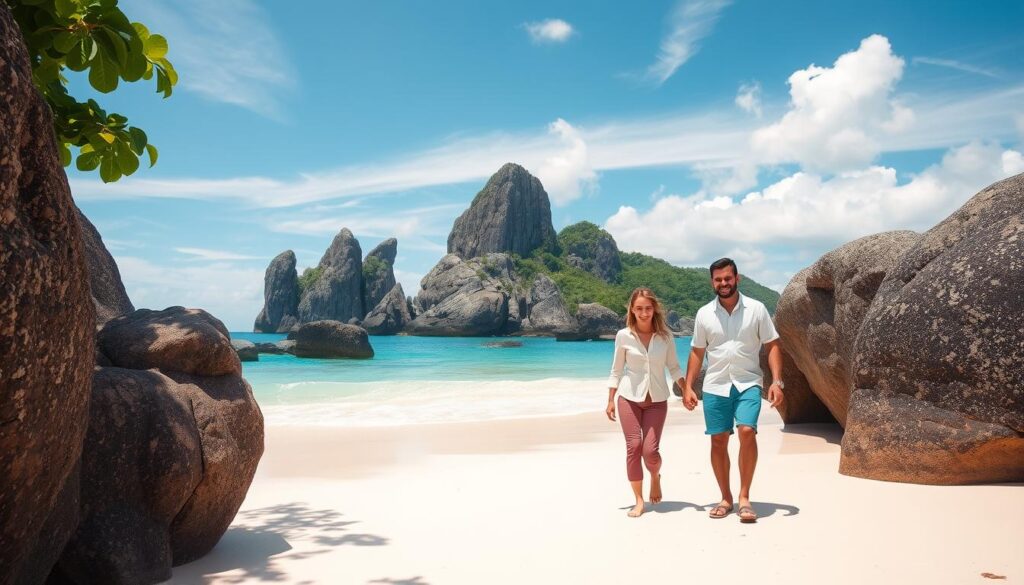 Szczęśliwa rodzina spacerująca po plaży Anse Source d'Argent na La Digue