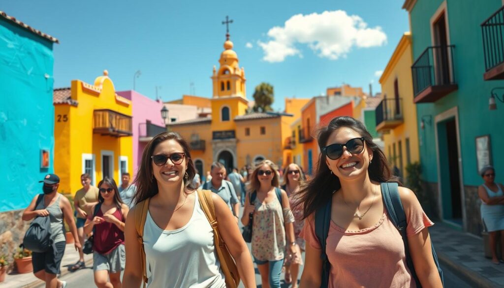 Szczęśliwi turyści w kolorowym meksykańskim miasteczku, pokazujący że w Meksyku jest bezpiecznie przy zachowaniu ostrożności