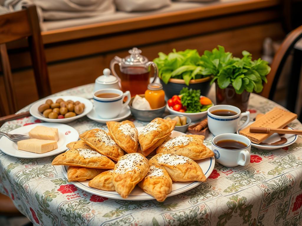 Tradycyjne albańskie śniadanie z byrekiem, serem, oliwkami i kawą