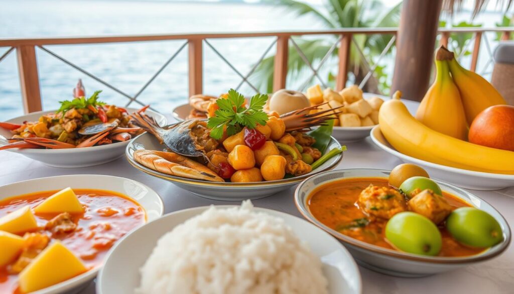 Tradycyjne dania kuchni seszelskiej podane na stole z widokiem na ocean