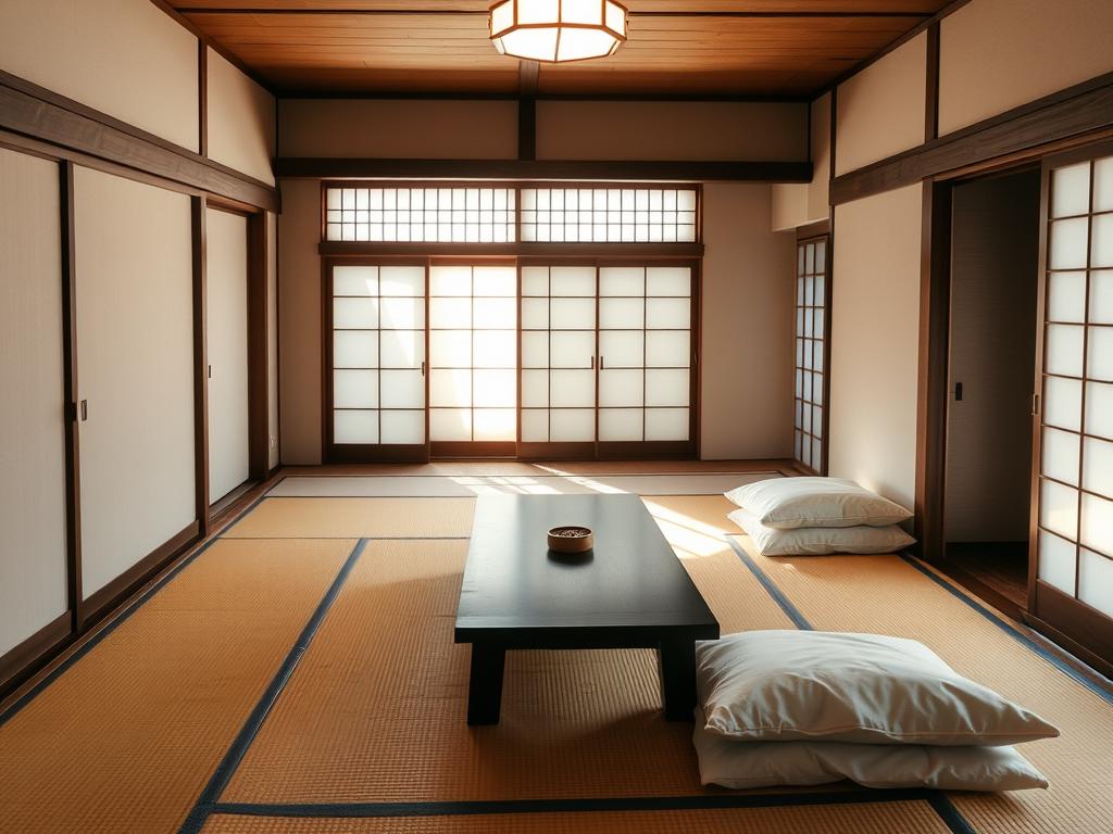 Tradycyjny japoński ryokan z tatami i futonami - popularna opcja zakwaterowania w Japonii