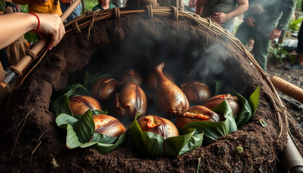 Tradycyjny posiłek Hangi przygotowywany przez Maorysów w Nowej Zelandii