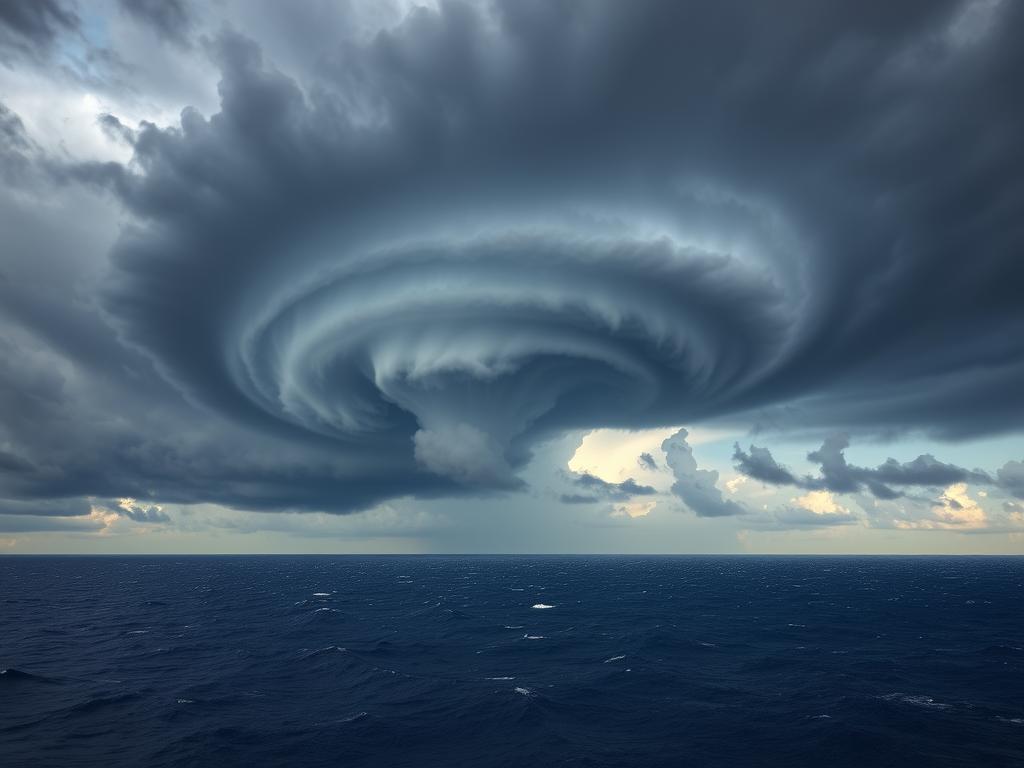 Tropikalny cyklon nad Mauritiusem, pokazujący ciemne chmury burzowe nad oceanem