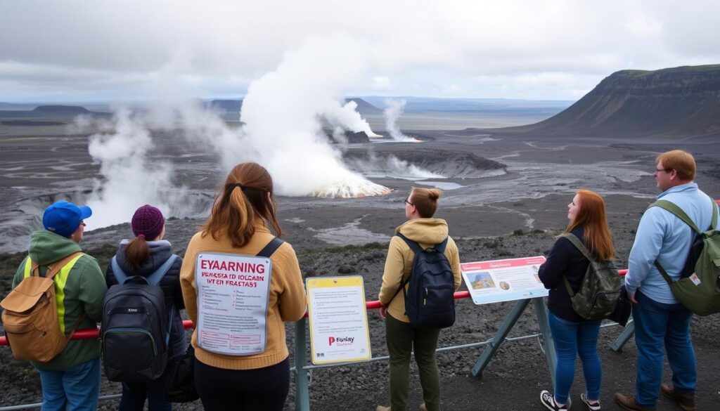 Turyści bezpiecznie obserwujący aktywność wulkaniczną na Islandii z wyznaczonego punktu widokowego, z widocznymi znakami ostrzegawczymi
