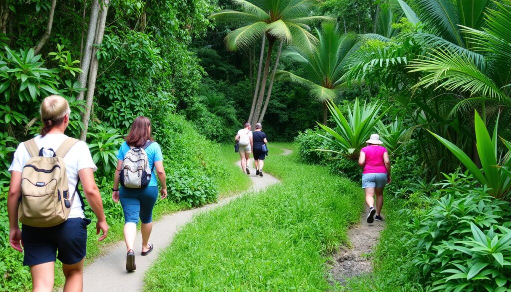 Turyści bezpiecznie wędrujący po szlaku w Parku Narodowym Morne Seychellois